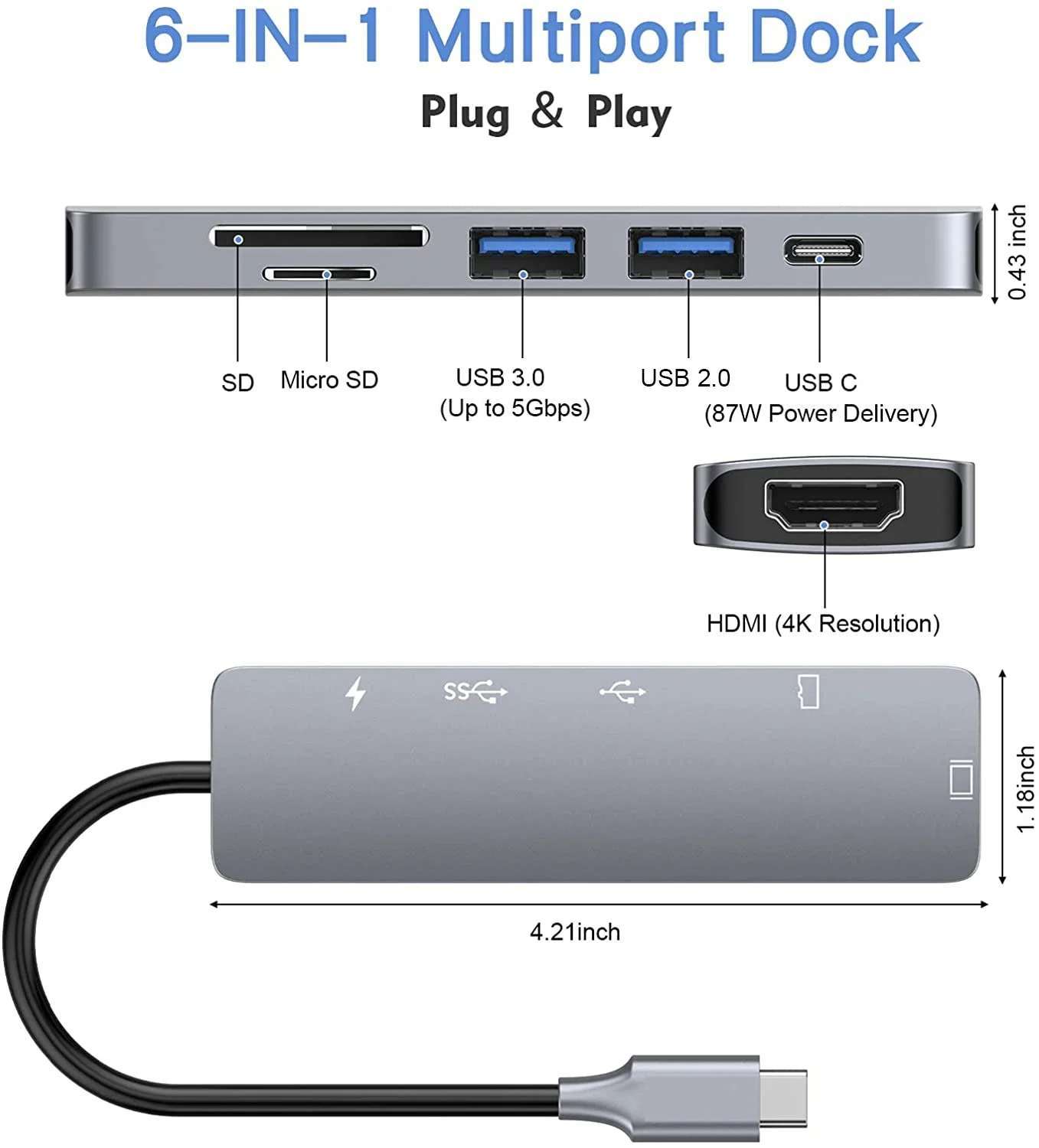 Station d'accueil 6-EN-1 USB C HUB Type-C avec HDMI 4K, lecteur SDTF USB 3.0, 87W PD Thunderbolt 3 pour MacPlePro, accessoires PC Adaptateur 6IN1 Multiport Type C avec HDMI 4K WAFFIR.MA DES (1)