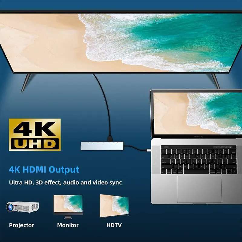 Adaptateur 8 en 1 USB HUB Type-C vers HDMI 4K, RJ45, lecteur de carte SD/TF, PD, Thunderbolt 3, USB 3.0, airies S6 pour MacPlePro 