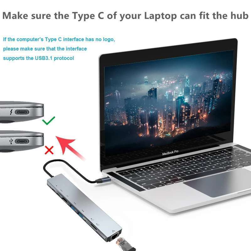 Adaptateur 8 en 1 USB HUB Type-C vers HDMI 4K, RJ45, lecteur de carte SD/TF, PD, Thunderbolt 3, USB 3.0, airies S6 pour MacPlePro DES 5