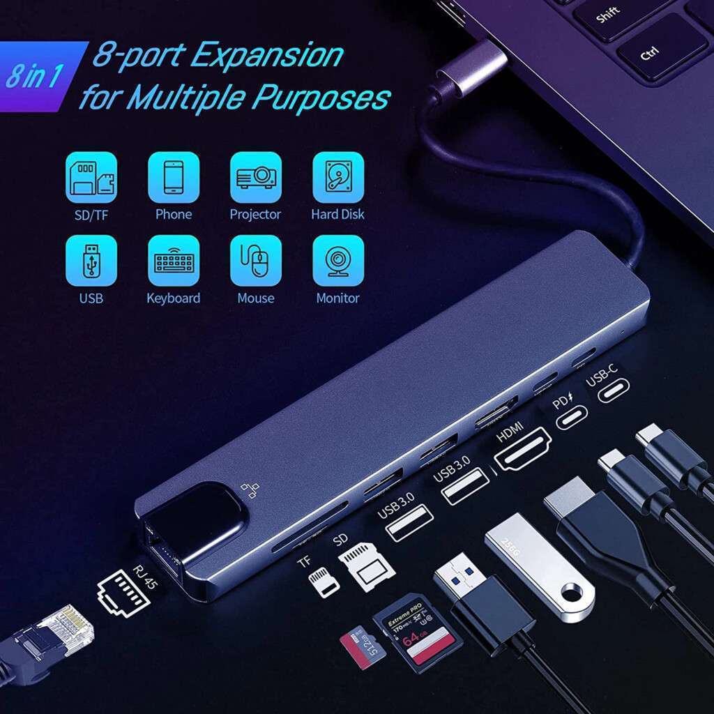 Adaptateur 8 en 1 USB HUB Type-C vers HDMI 4K, RJ45, lecteur de carte SD/TF, PD, Thunderbolt 3, USB 3.0, airies S6 pour MacPlePro 5