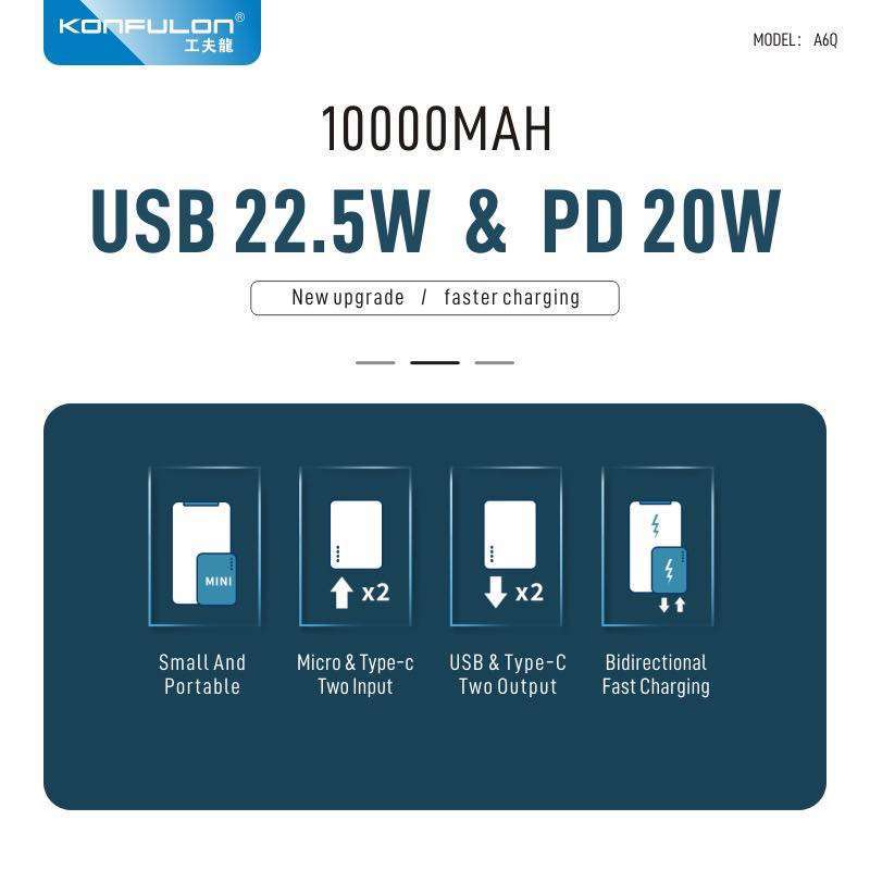 konfulon A6Q discount product Power bank 10000Mah 20000 Mah Pd20W Qc22.5W Fast Charging Small POWERBANK WAFFIR.MA 1 OUT