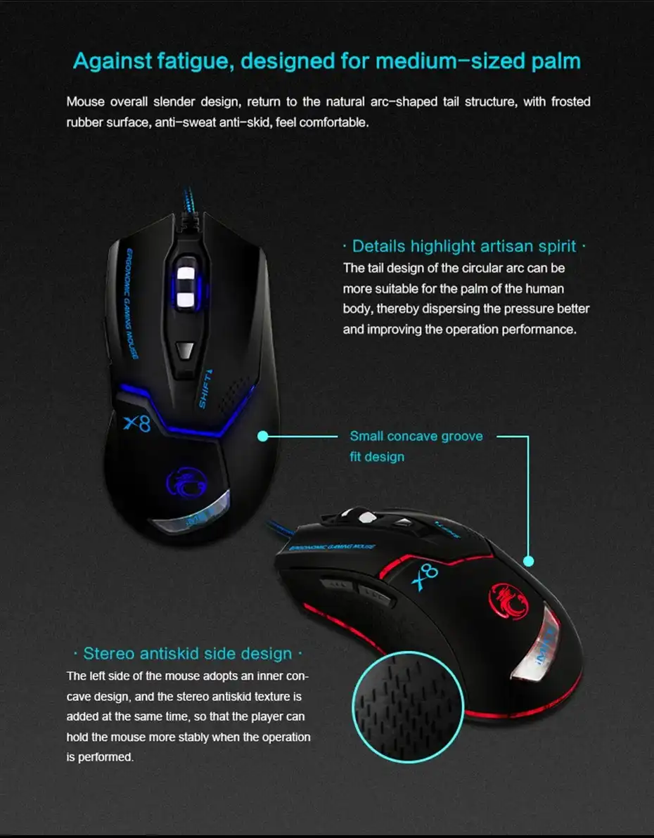IMICE X8 souris de jeu , DPI, filaire, lumineuse, réglable, LED, pour PC, ordinateur portable iMICE X8 WAFFIR.MA