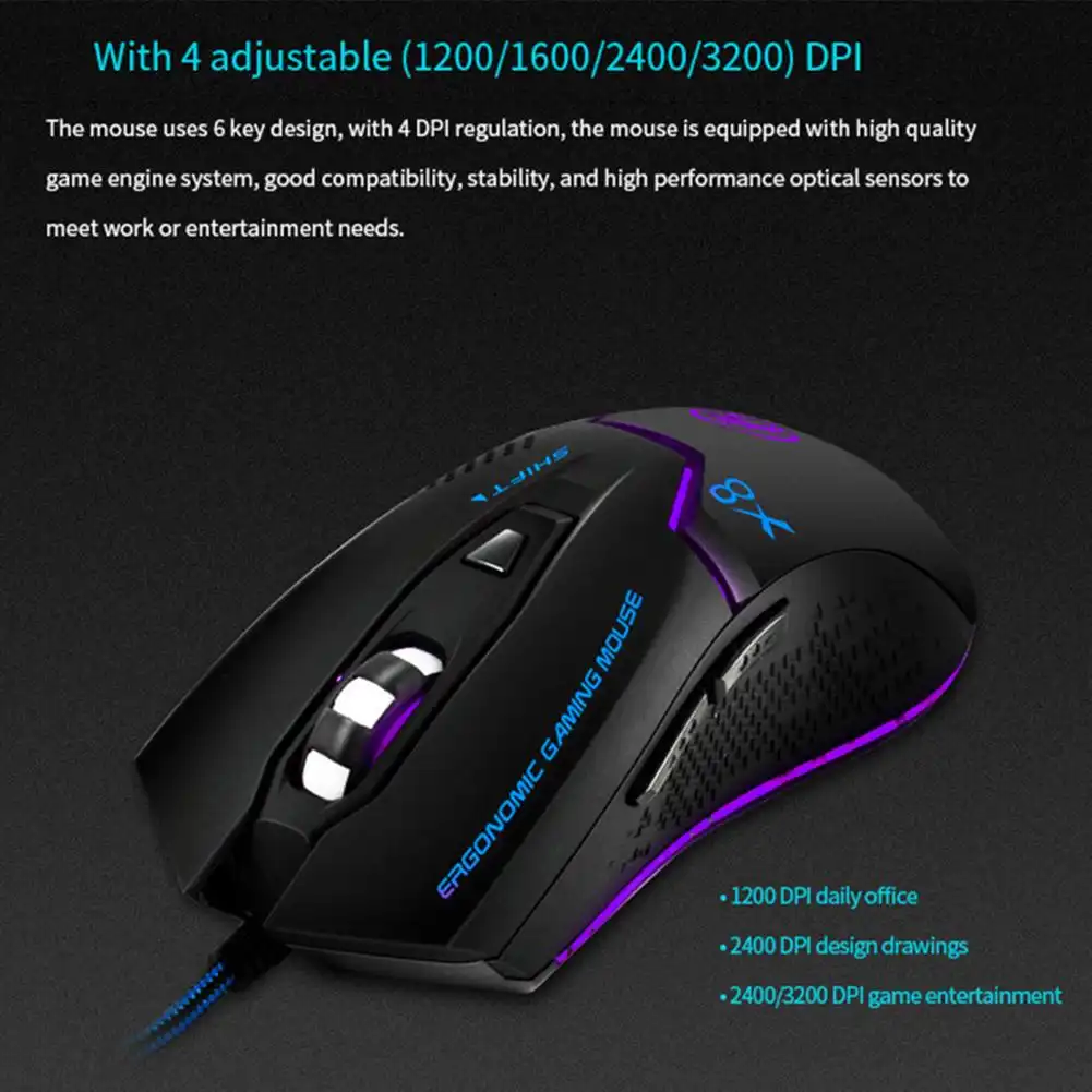 IMICE X8 souris de jeu , DPI, filaire, lumineuse, réglable, LED, pour PC, ordinateur portable iMICE X8 WAFFIR.MA