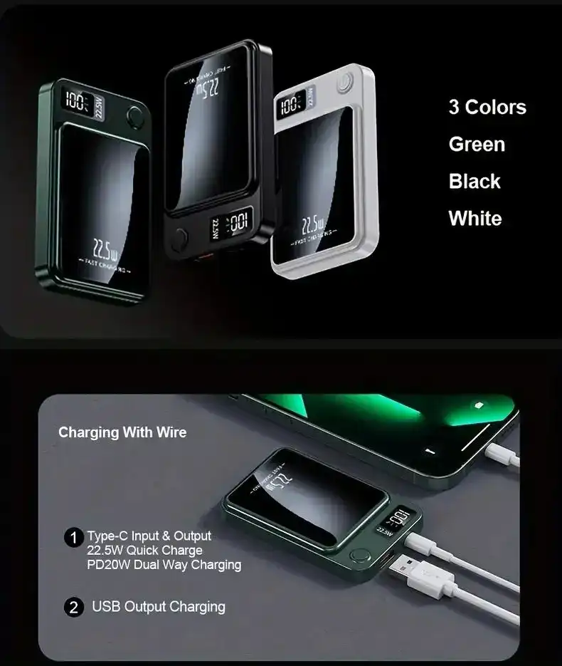 Power Bank Wireless 10000mAh sans fil magnétique Power Bank chargeur Portable 22.5W charge rapide batterie externe Power bank pour iPhone 13 14 15 16 Pro Max Xiaomi Samsung Waffir.Ma Maroc