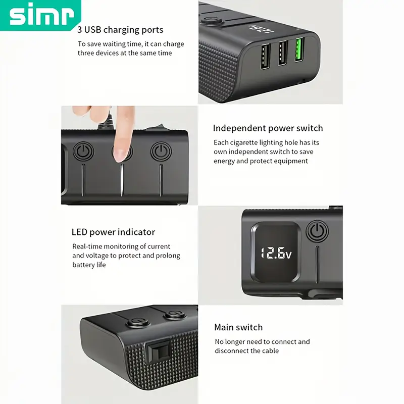 Adaptateur SIMR 120W 3-prise chargeur de voiture avec 5 ports USB, Diviseur de puissance à charge rapide, Affichage LED, Interrupteur de tension ON/OFF, Connecteur USB Type C, Tension de fonctionnement ≤36V, Pas besoin de batterie