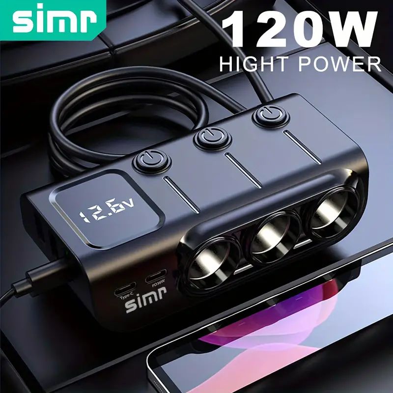 Adaptateur SIMR 120W 3-prise chargeur de voiture avec 5 ports USB, Diviseur de puissance à charge rapide, Affichage LED, Interrupteur de tension ON/OFF, Connecteur USB Type C, Tension de fonctionnement ≤36V, Pas besoin de batterie