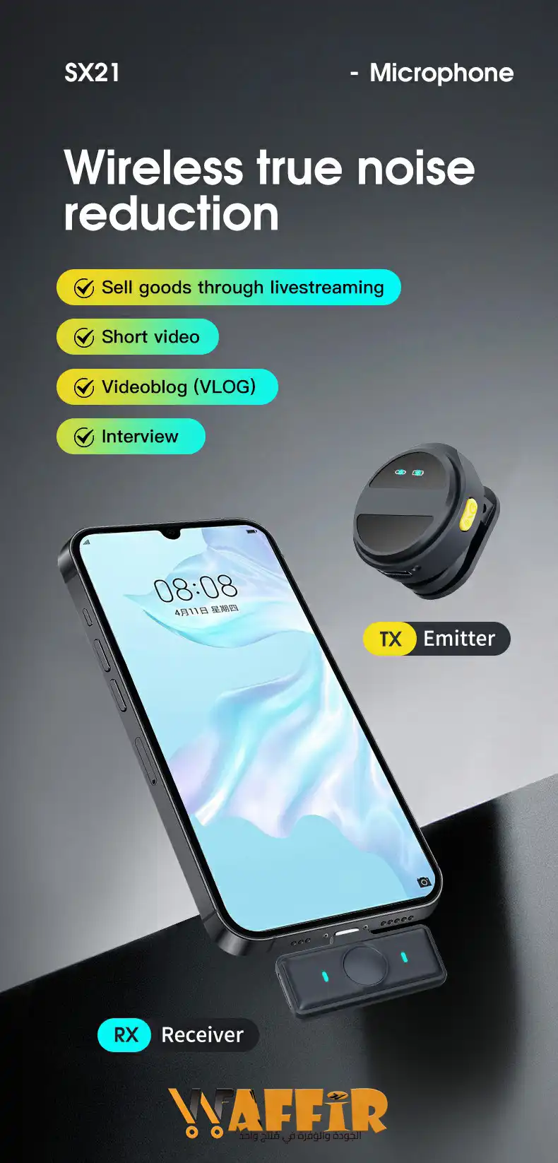 Microphone Bluetooth Cravate sans fil SX21 Annulation du bruit portable Microphone sans fil Longue durée de Vie Professionnel les appareils photo Waffir.Ma MICROPHONE professional PRO MAROC 