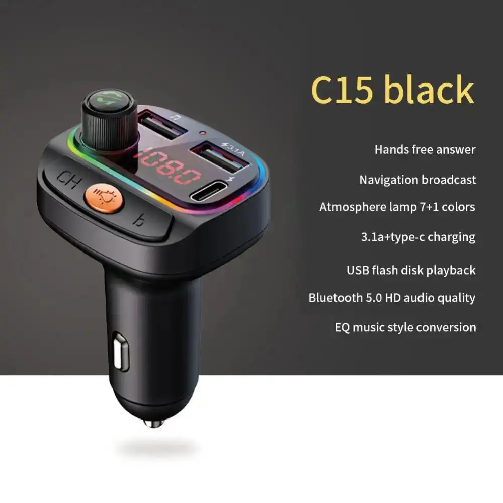 Transmetteur FM de voiture compatible Bluetooth C15, chargeur de voiture USB Type-C, lumières colorées, lecteur MP3, récepteur audio mains libres, touristes Waffir.MA acc Voiture Maroc D