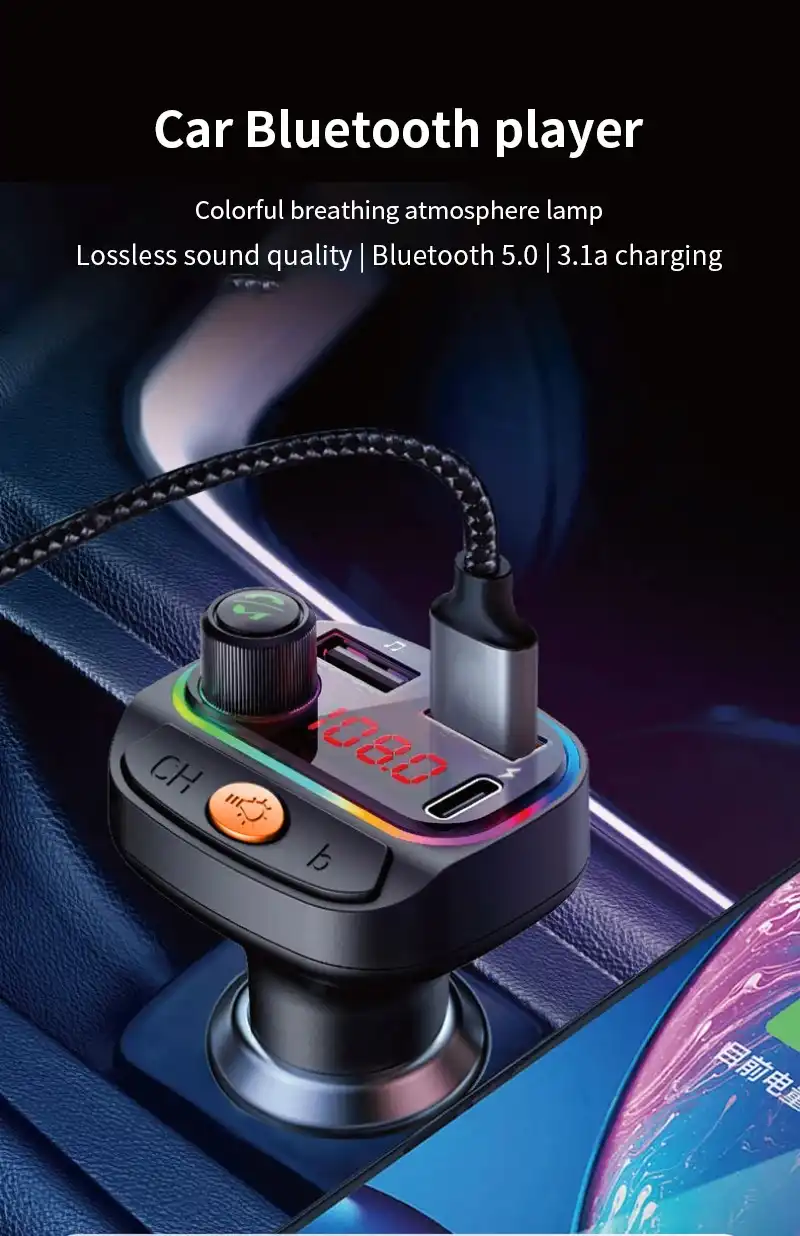 Transmetteur FM de voiture compatible Bluetooth C15, chargeur de voiture USB Type-C, lumières colorées, lecteur MP3, récepteur audio mains libres, touristes Waffir.MA acc Voiture Maroc DES (5)