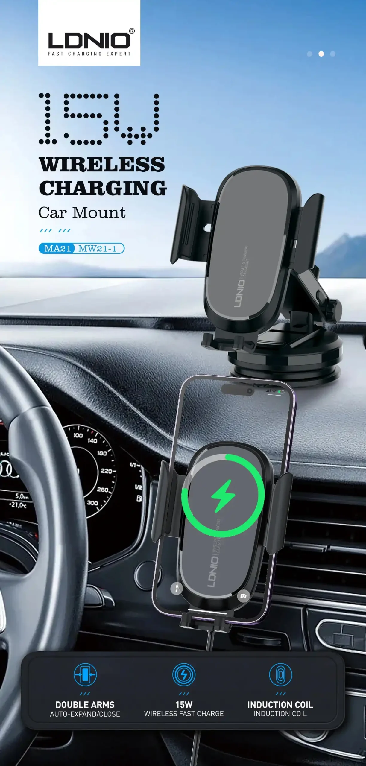 LDNIO MW21-1 15W Wireless Chargeur de voiture sans fil à serrage automatique à charge rapide Support de téléphone rétractable pour téléphone portable Waffir.Ma LDINO Maroc