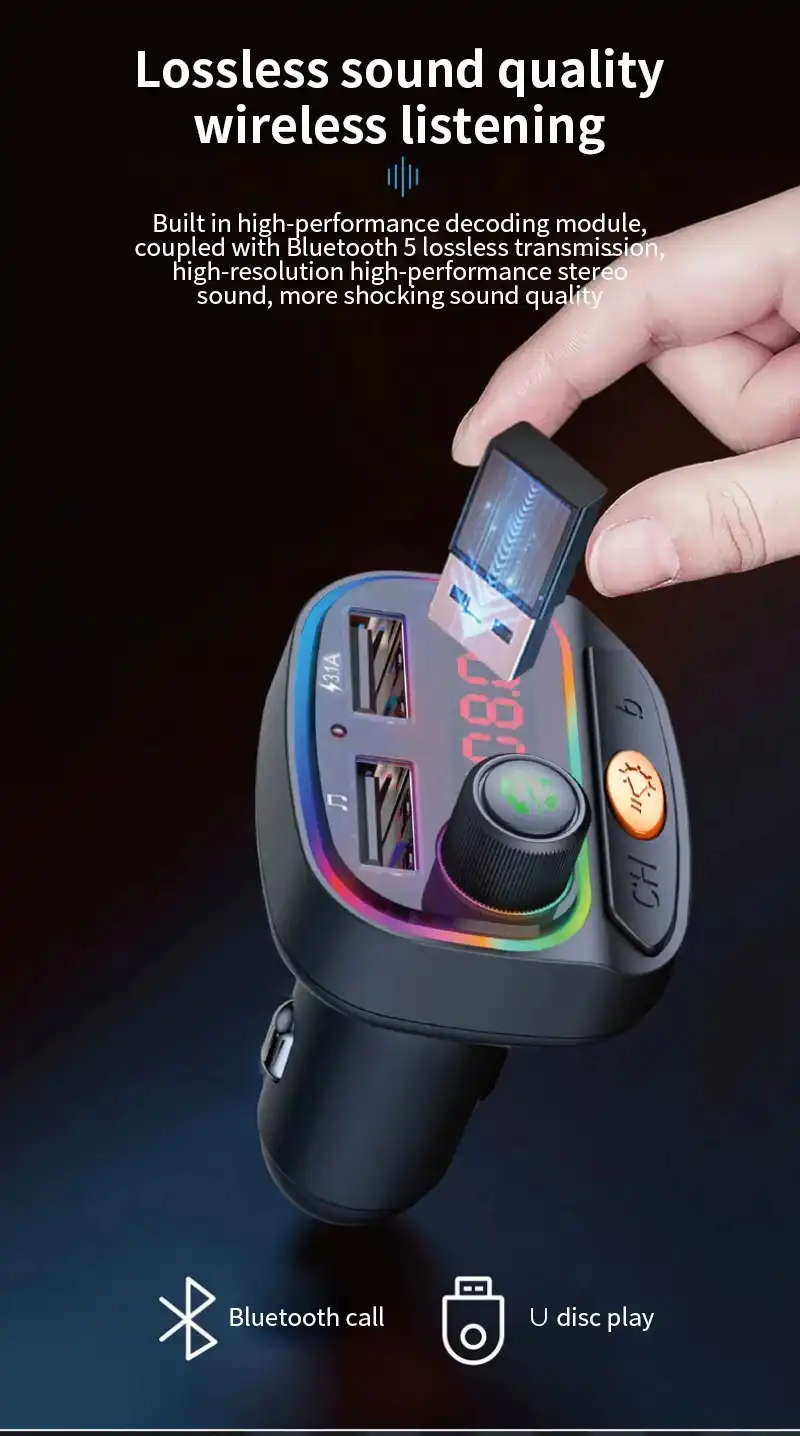 Transmetteur FM de voiture compatible Bluetooth C15, chargeur de voiture USB Type-C, lumières colorées, lecteur MP3, récepteur audio mains libres, touristes Waffir.MA acc Voiture Maroc
