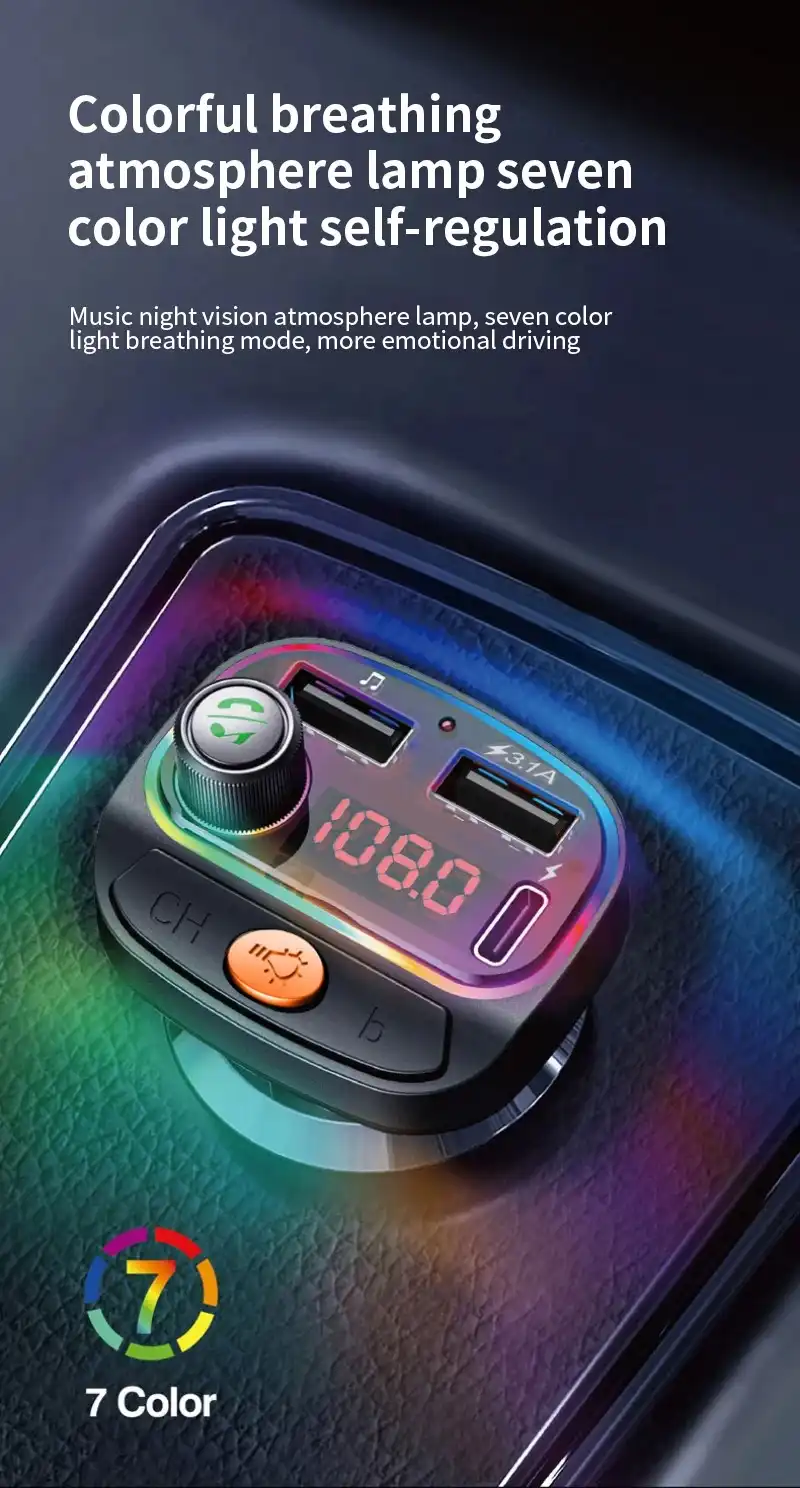 Transmetteur FM de voiture compatible Bluetooth C15, chargeur de voiture USB Type-C, lumières colorées, lecteur MP3, récepteur audio mains libres, touristes Waffir.MA acc Voiture Maroc