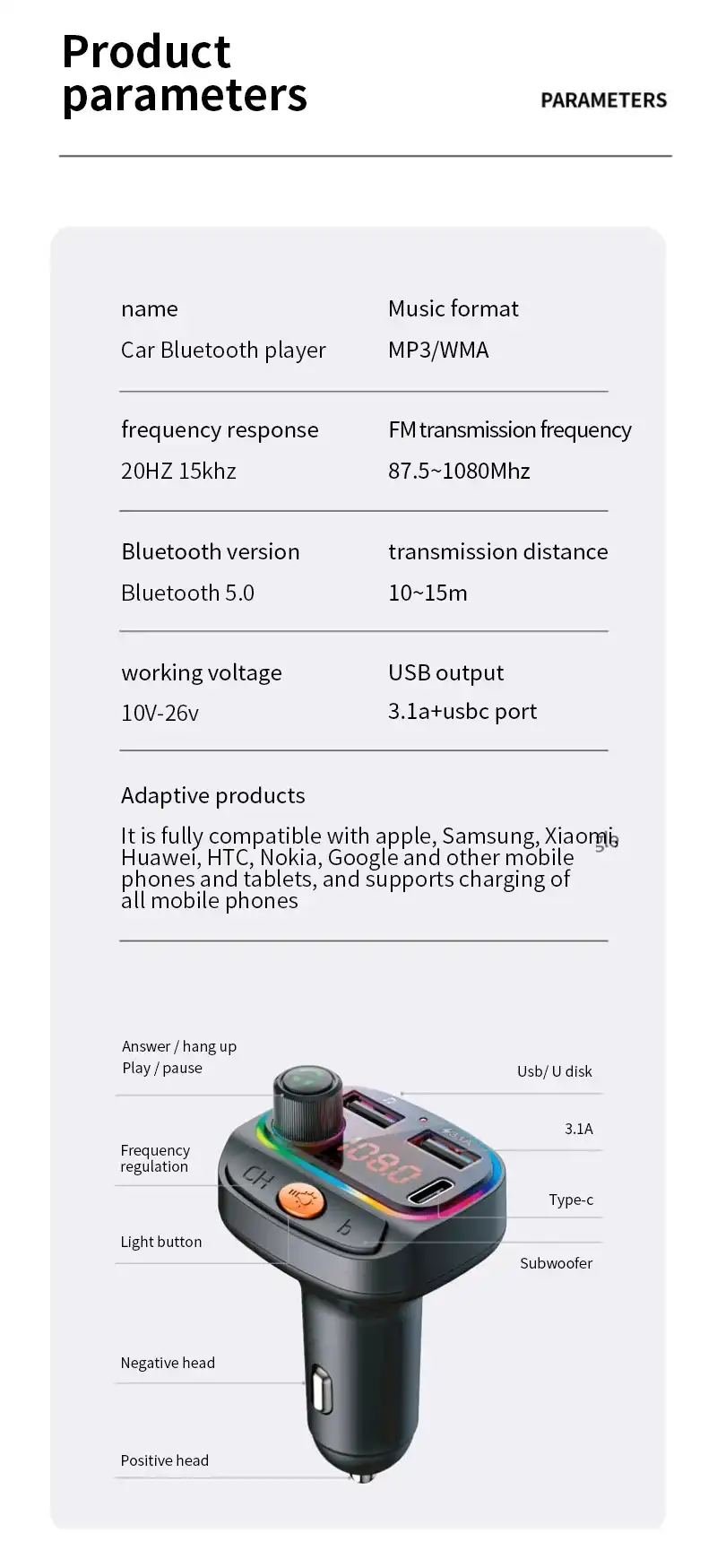 Transmetteur FM de voiture compatible Bluetooth C15, chargeur de voiture USB Type-C, lumières colorées, lecteur MP3, récepteur audio mains libres, touristes Waffir.MA acc Voiture Maroc