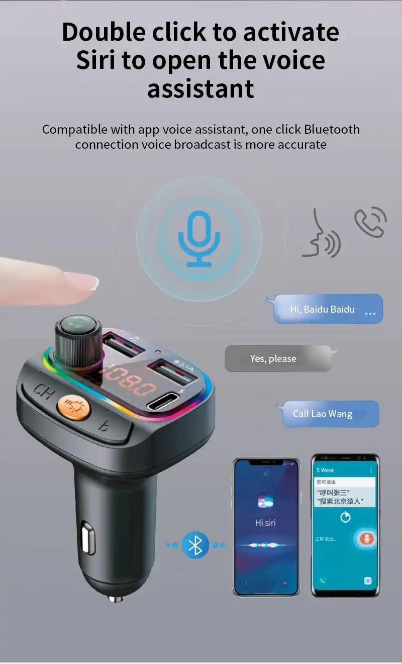 Transmetteur FM de voiture compatible Bluetooth C15, chargeur de voiture USB Type-C, lumières colorées, lecteur MP3, récepteur audio mains libres, touristes Waffir.MA acc Voiture Maroc