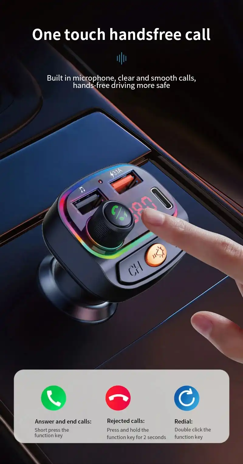Transmetteur FM de voiture compatible Bluetooth C15, chargeur de voiture USB Type-C, lumières colorées, lecteur MP3, récepteur audio mains libres, touristes Waffir.MA acc Voiture Maroc