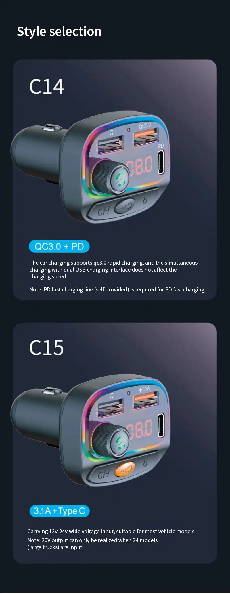 Transmetteur FM de voiture compatible Bluetooth C15, chargeur de voiture USB Type-C, lumières colorées, lecteur MP3, récepteur audio mains libres, touristes Waffir.MA acc Voiture Maroc