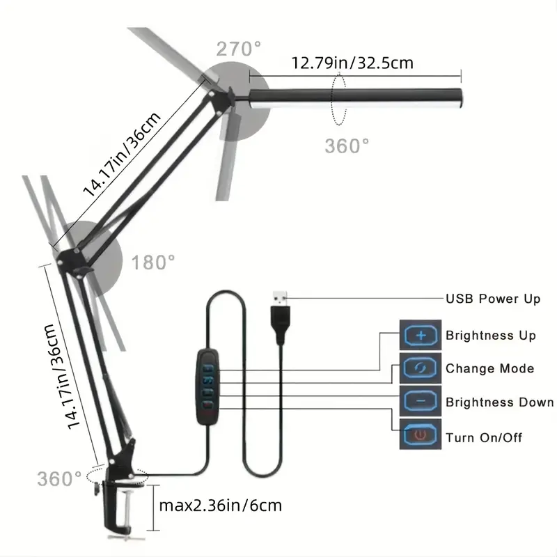 Lampe de Bureau LED Soin des Yeux avec Bras Pivotant et Pliant, 35cm, 3 Modes de Couleur, 10 Niveaux de Luminosité Réglables, Pince Incluse, Lumière de Table Alimentée par USB pour Bureau à Domicile Waffir.Ma LED Maroc