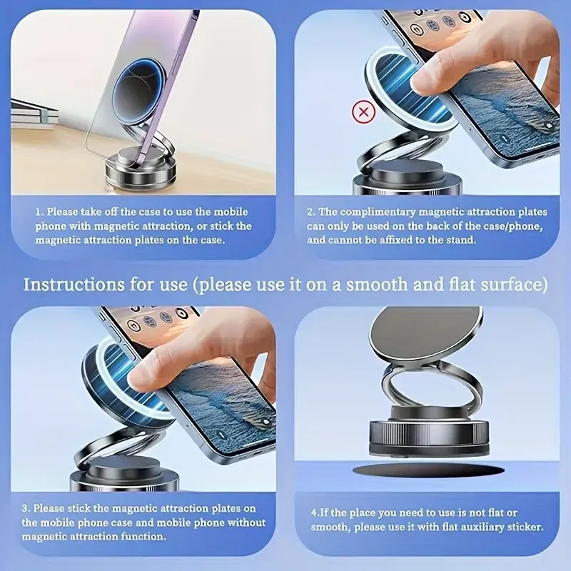 Support Téléphone Magnétique à Ventouse, Pliable et Réglable, Rotation 360°, Opération à Une Main, Idéal Voiture/Salle de Bain, Sport,Cuisine, Base Magnétique, Haute Stabilité Waffir.Ma Holder