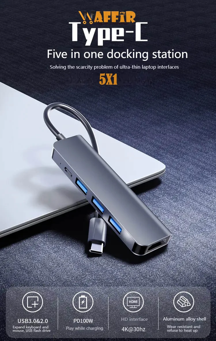 Station d'accueil d'extension Type-C 5in1 , Hub USB-C vers HDTV, répartiteur de câble 3.0, convient au convertisseur d'ordinateur MacBook Waffir.Ma Adaptateur