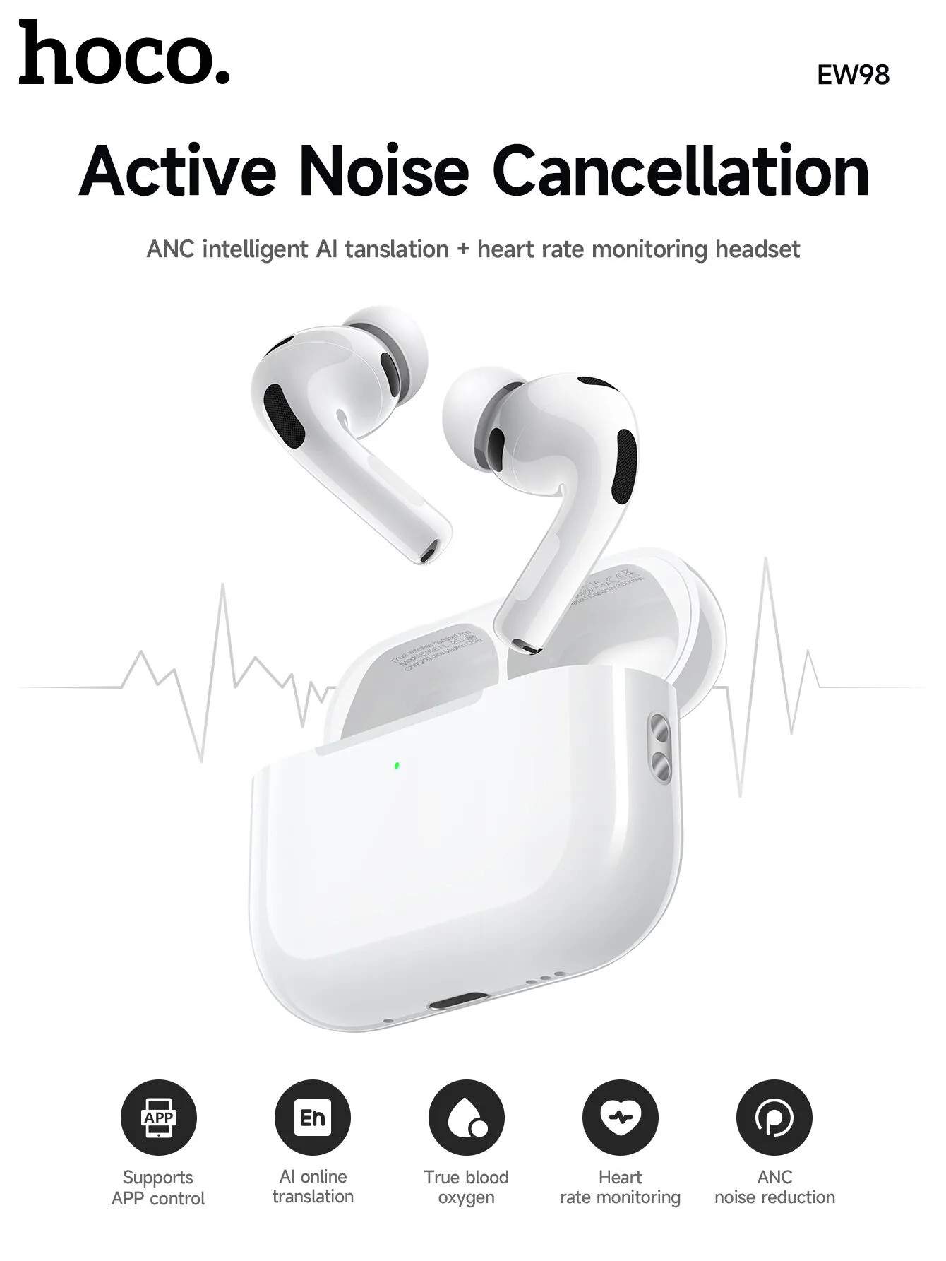 HOCO EW98 iA TWS Traduction ANC Écouteurs sans fil à réduction de bruit, traduction iA intelligente et suivi de la fréquence cardiaque. Écouteurs Bluetooth intra-auriculaires Waffir.Ma HOCO Maroc 