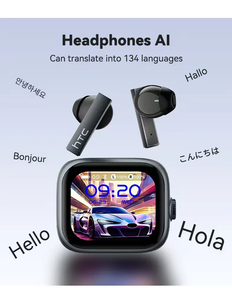 HTC NE40 TWS Écouteurs Sans Fil avec Traduction en 131 Langues,LED Haute Définition et Son Hi-Fi, Traducteur iA Sans Fil, Écran Tactile HD LED Waffir.Ma HTC Maroc