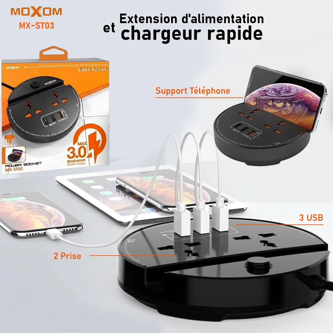 Moxom MX-ST03 Multiprise 2 prise d'alimentation+3 USB QC3.0 Chargeur rapide avec support mobile Waffir.MA MOXOM MAROC 1 Moxom MX-ST03 Multiprise 2 prise d'alimentation+3 USB QC3.0 Chargeur rapide avec support mobile Waffir.Ma MOXOM MAROC