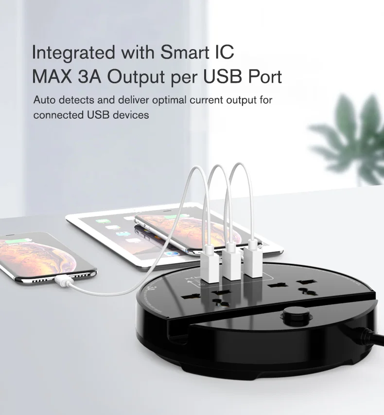 Moxom MX-ST03 Multiprise 2 prise d'alimentation+3 USB QC3.0 Chargeur rapide avec support mobile Waffir.Ma MOXOM MAROC