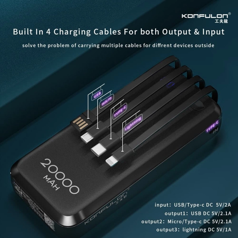 konfulon Power Bank 20000mAh A23Q ,PD 22.5W Fast Charge, 4 Câbles Intégrés konfulon A23Q Charge rapide QC3.0batterie externe Portable Waffir.Ma KOnfulon Maroc Des