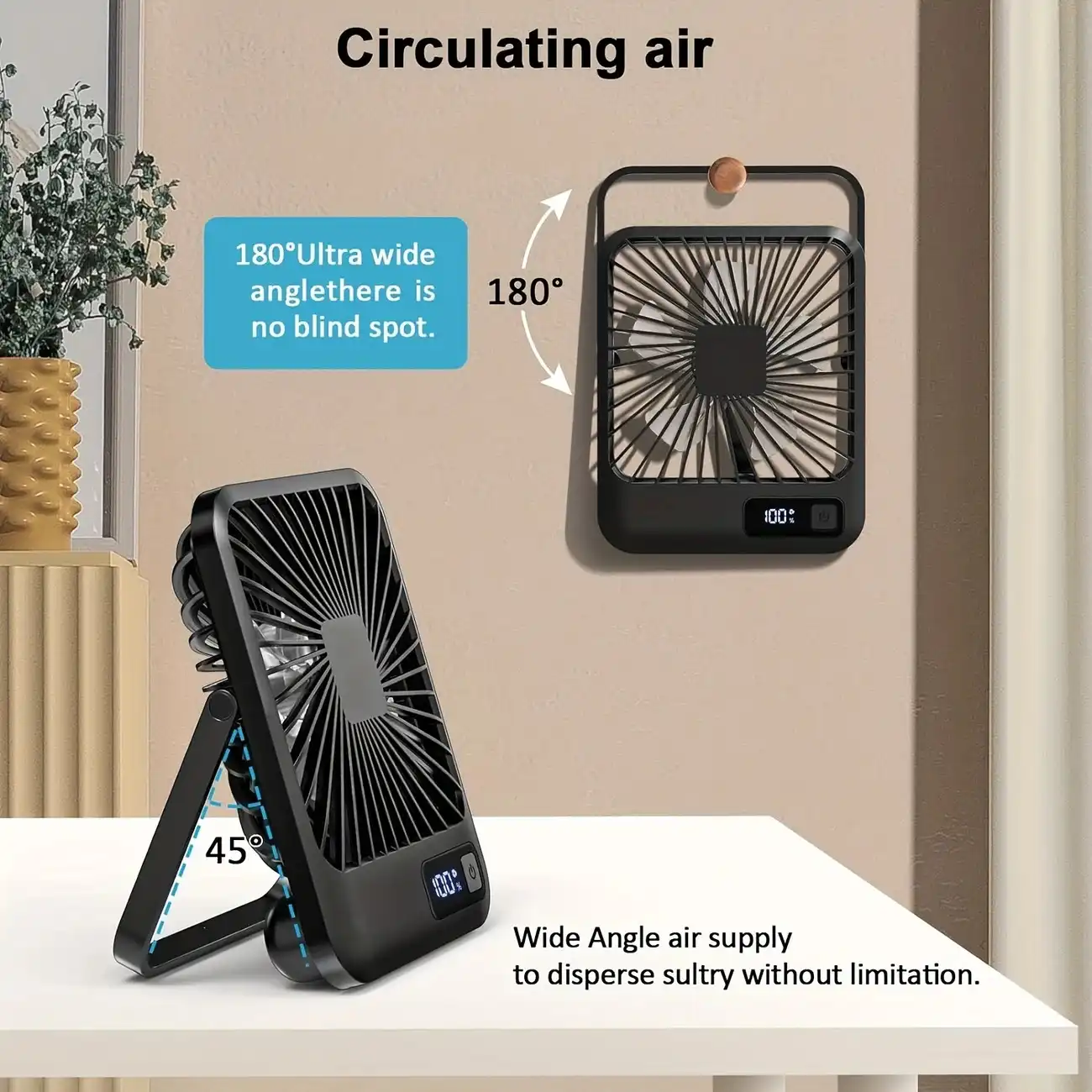 Ventilateur portable rechargeable, ventilateur à piles portable avec 5 vitesses, petit ventilateur silencieux, réglable pour bureau, chambre Waffir.Ma Ventilateur Maroc