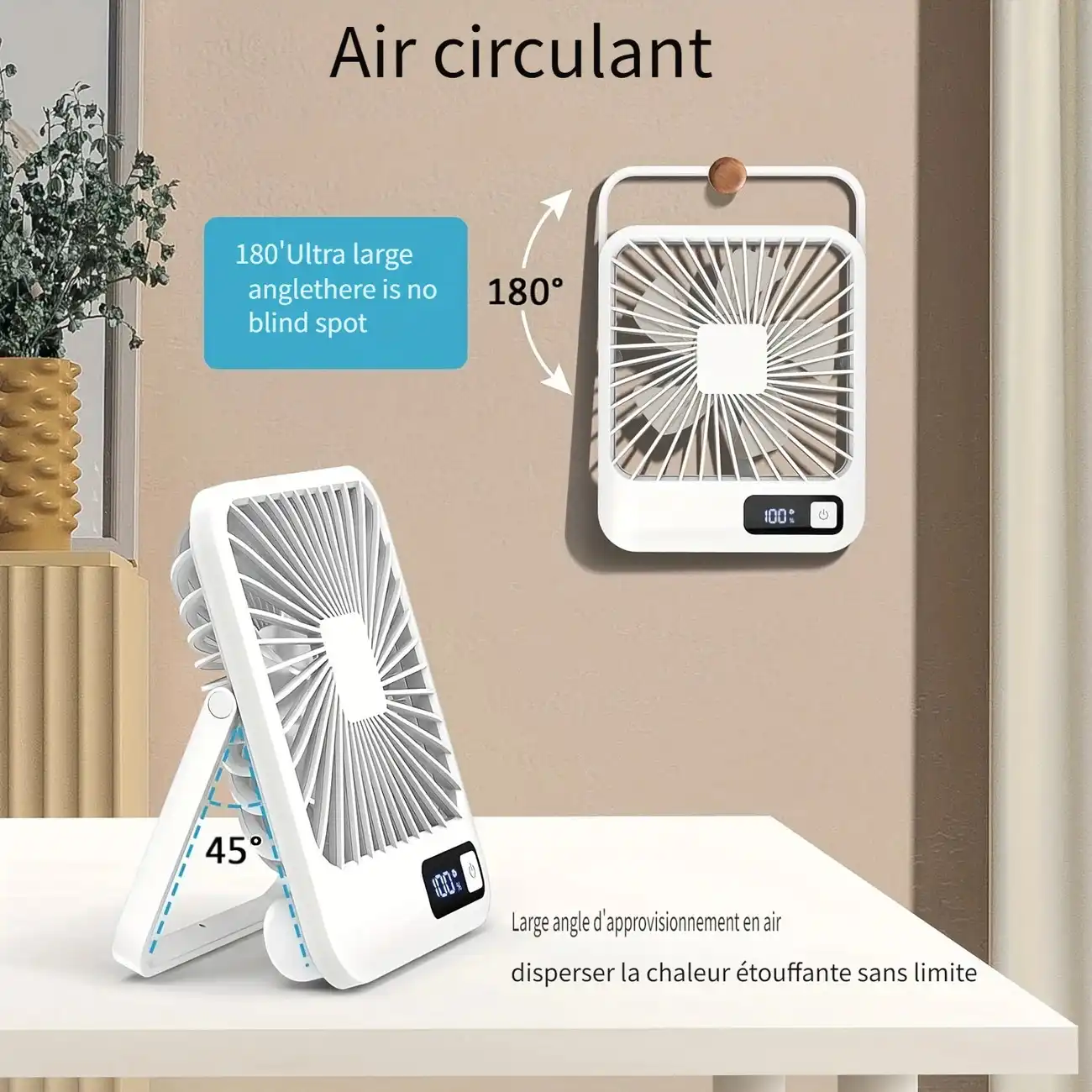 Ventilateur portable rechargeable, ventilateur à piles portable avec 5 vitesses, petit ventilateur silencieux, réglable pour bureau, chambre Waffir.Ma Ventilateur Maroc