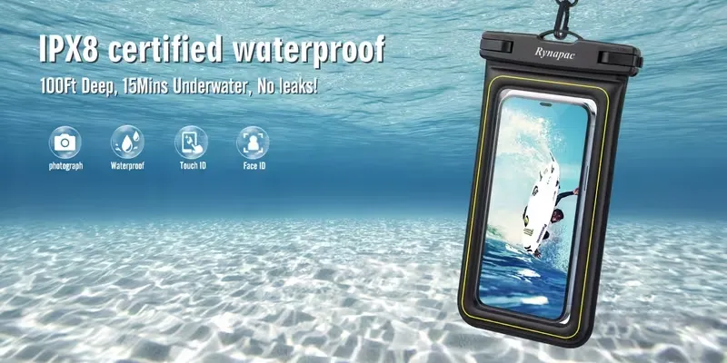Pochette flottante éponge IPX8 pour téléphone, une coque de téléphone avec une bandoulière réglable, indispensable pour la plage, la natation, le ski, le rafting et le surf. Compatible avec iPhone 18/17/16 Pro Max, Smasung 26 Ultra .. Waffir.Ma Des