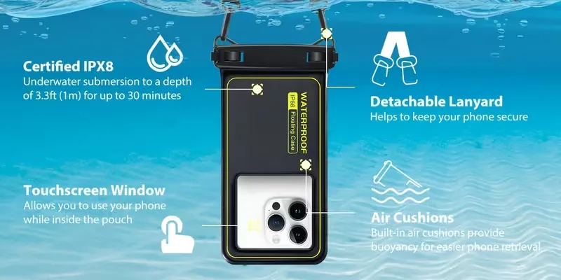 Pochette flottante éponge IPX8 pour téléphone, une coque de téléphone avec une bandoulière réglable, indispensable pour la plage, la natation, le ski, le rafting et le surf. Compatible avec iPhone 18/17/16 Pro Max, Smasung 26 Ultra .. Waffir.Ma Des