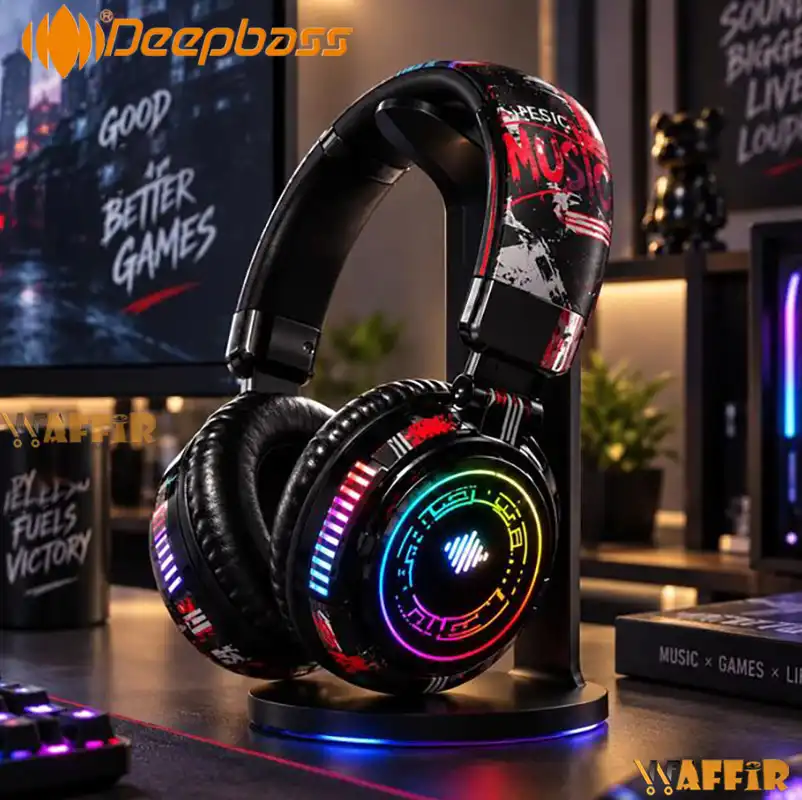 Casque DeepBass R25 Bluetooth RGB Graffiti Casque Gaming Deep Bass R25 Hi-Res, Style avec graffiti RGB Waffir.Ma DeepBass Maroc Noir