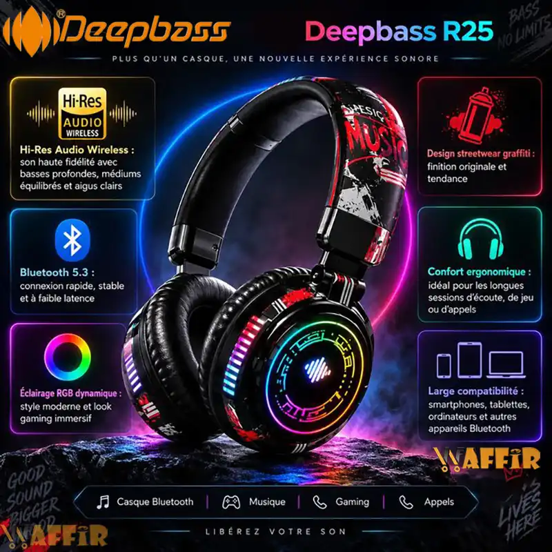 Casque DeepBass R25 Bluetooth RGB Graffiti Casque Gaming Deep Bass R25 Hi-Res, Style avec graffiti RGB Waffir.Ma DeepBass Maroc Noir