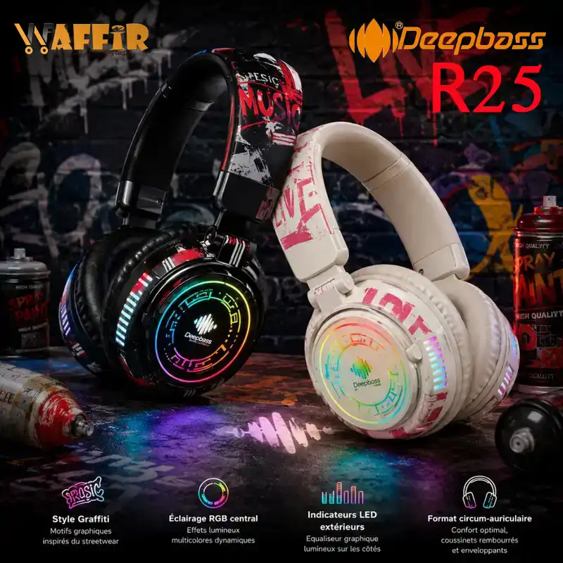 Casque DeepBass R25 Bluetooth RGB Graffiti Casque Gaming Deep Bass R25 Hi-Res, Style avec graffiti RGB Waffir.Ma DeepBass Maroc Noir