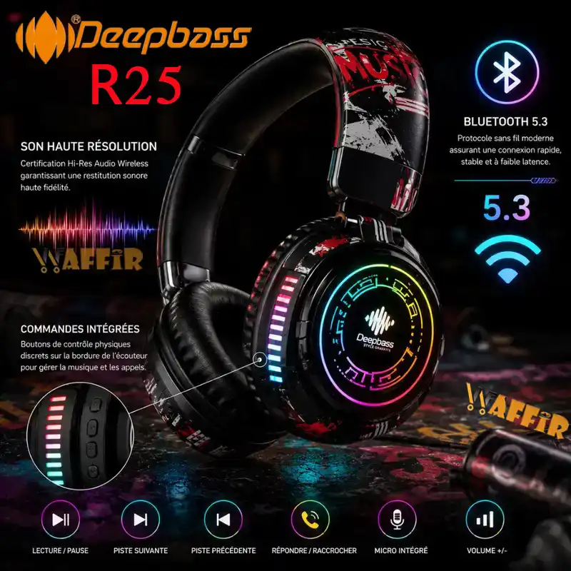 Casque DeepBass R25 Bluetooth RGB Graffiti Casque Gaming Deep Bass R25 Hi-Res, Style avec graffiti RGB Waffir.Ma DeepBass Maroc Noir (5) Casque DeepBass R25 Bluetooth RGB Graffiti Casque Gaming Deep Bass R25 Hi-Res, Style avec graffiti RGB Waffir.Ma DeepBass Maroc Noir