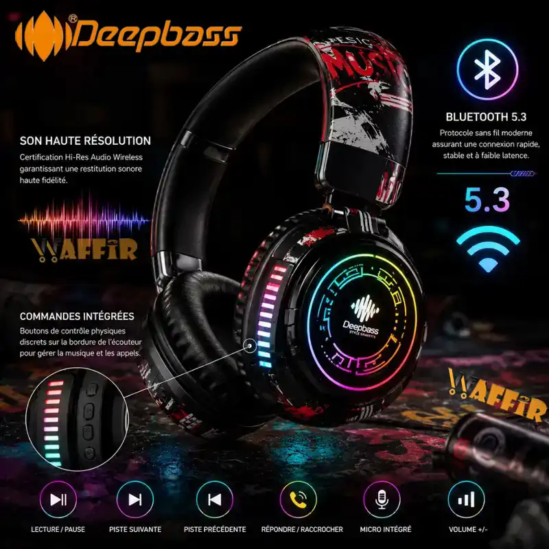 Casque DeepBass R25 Bluetooth RGB Graffiti Casque Gaming Deep Bass R25 Hi-Res, Style avec graffiti RGB Waffir.Ma DeepBass Maroc Noir