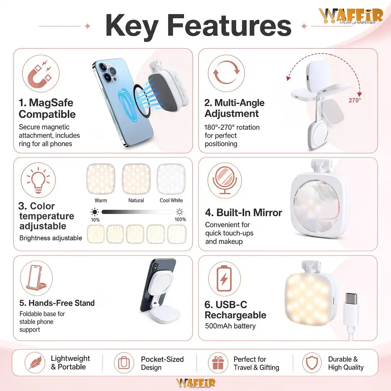 Miroir à Selfie Pliant Multifonctionnel, Outil Selfie , Mini Anneau Lumineux Mobile, Hauteur Réglable, Conception Magnétique, Parfait pour Prendre des Photos, Diffuser en Direct, Enregistrer Waffir.Ma DY06