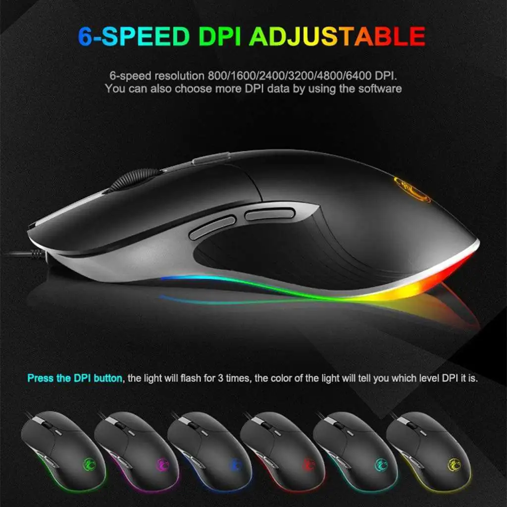 IMice-X6 souris de jeu ergonomique filaire, 6400 DPI, rétro-éclairage LED, USB, pour ordinateur PC et portable Gamer Pro Waffir-Maroc
