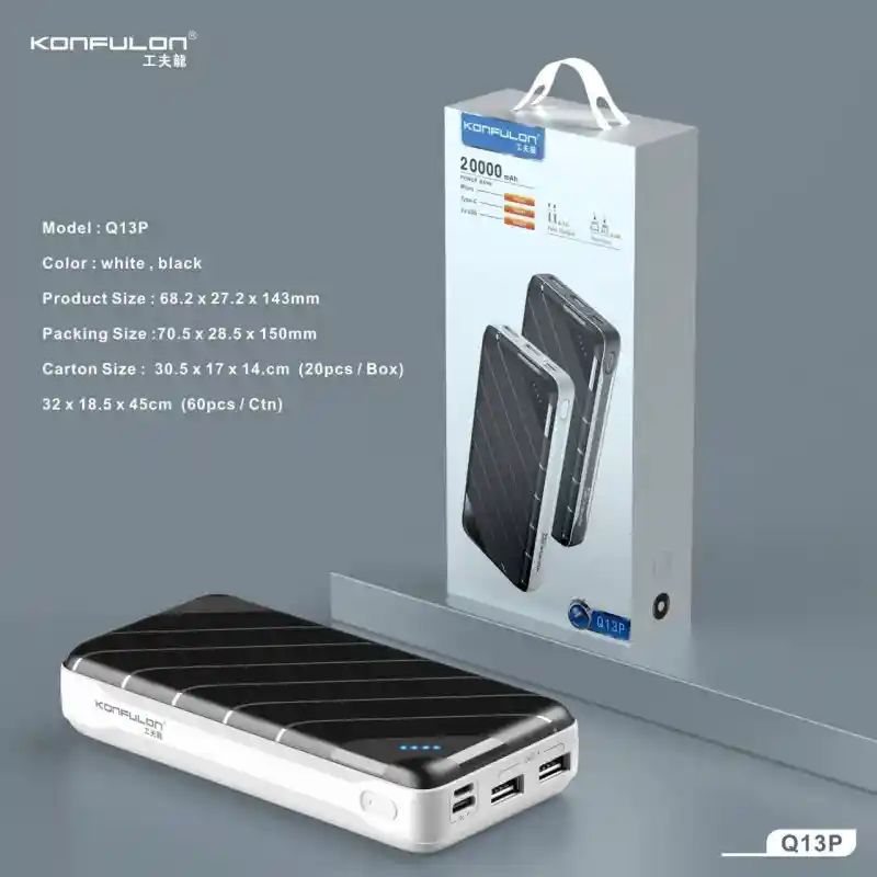 Power Bank Konfulon 20000mAh PD 22.5W charge rapide QC3.0 20W batterie Externe Portable PowerBanK Konfulon Q13P pour Samsung 226 ULTRA iPhone 17 PRO MAX Xiaomi WAFFIR.MA KONFULON MAROC 2026